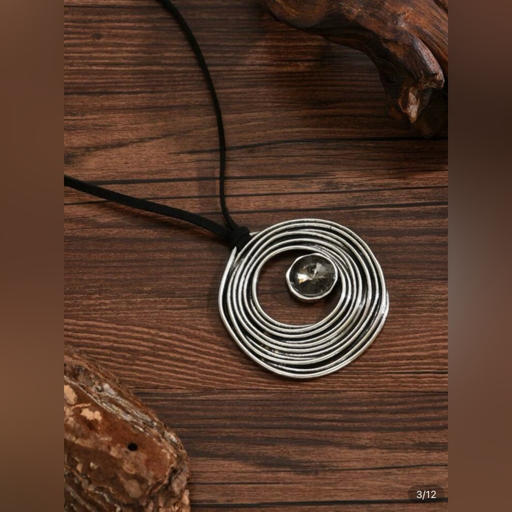 Vintage Oversized Spiral Pendant Necklace Black Cord Silver Boho Minimalist 31”